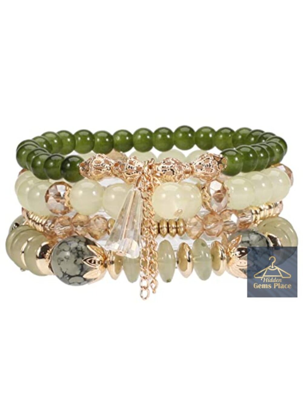 Bohemian Green Jade Stackable Bracelet Set - 4-Layer Stretch Beaded with Gold